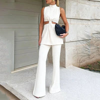 Solid Color Hollow-out Fake Two-piece Top Blouse And Pants Women - Fashivon