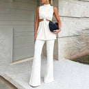 Solid Color Hollow-out Fake Two-piece Top Blouse And Pants Women - Fashivon
