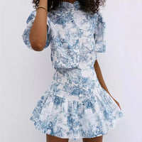 Fashion Small Stand Collar Printing Slim Fit Skirt Suit - Fashivon