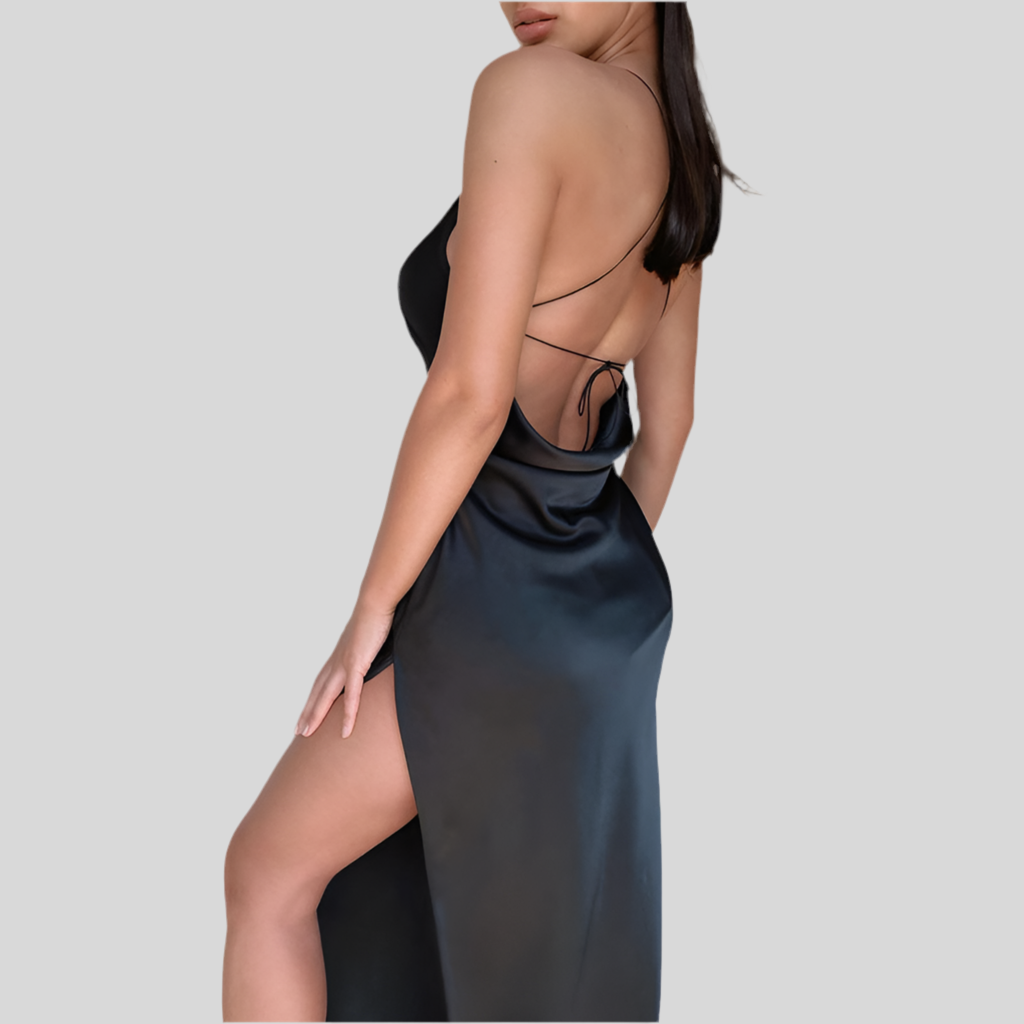 Satin Maxi Backless Split Party Dresses Off Shoulder V Neck