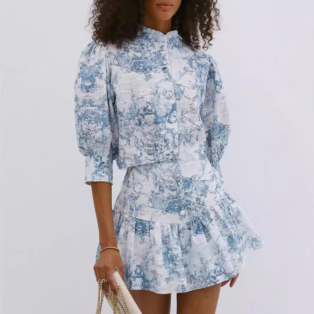 Fashion Small Stand Collar Printing Slim Fit Suit
