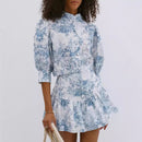 Fashion Small Stand Collar Printing Slim Fit Skirt Suit - Fashivon