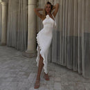 Slim-fit Three-dimensional Flower Halter Split Dress Women - Fashivon