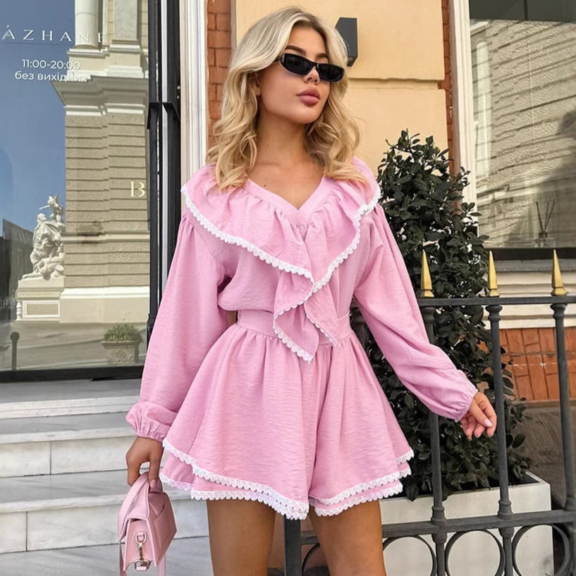 Layered Ruffled Lapel Lantern Sleeve Loose Two-piece Suit - Fashivon
