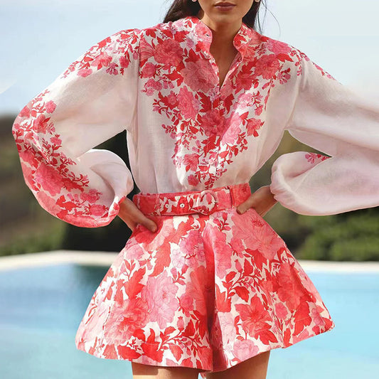 Retro Personalized Niche Design Stand Collar Puff Sleeve Shirt Nipped Waist Shorts Women's Printed Two-piece Suit - Fashivon