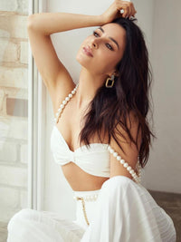White Pleated Vest Cardigan Three-piece Wide-leg Pants Suit - Fashivon