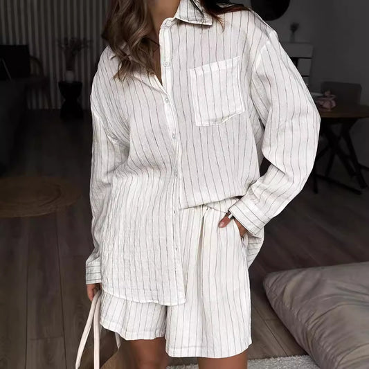 White Striped Long-sleeved Shirt Two-piece Comfortable - Fashivon