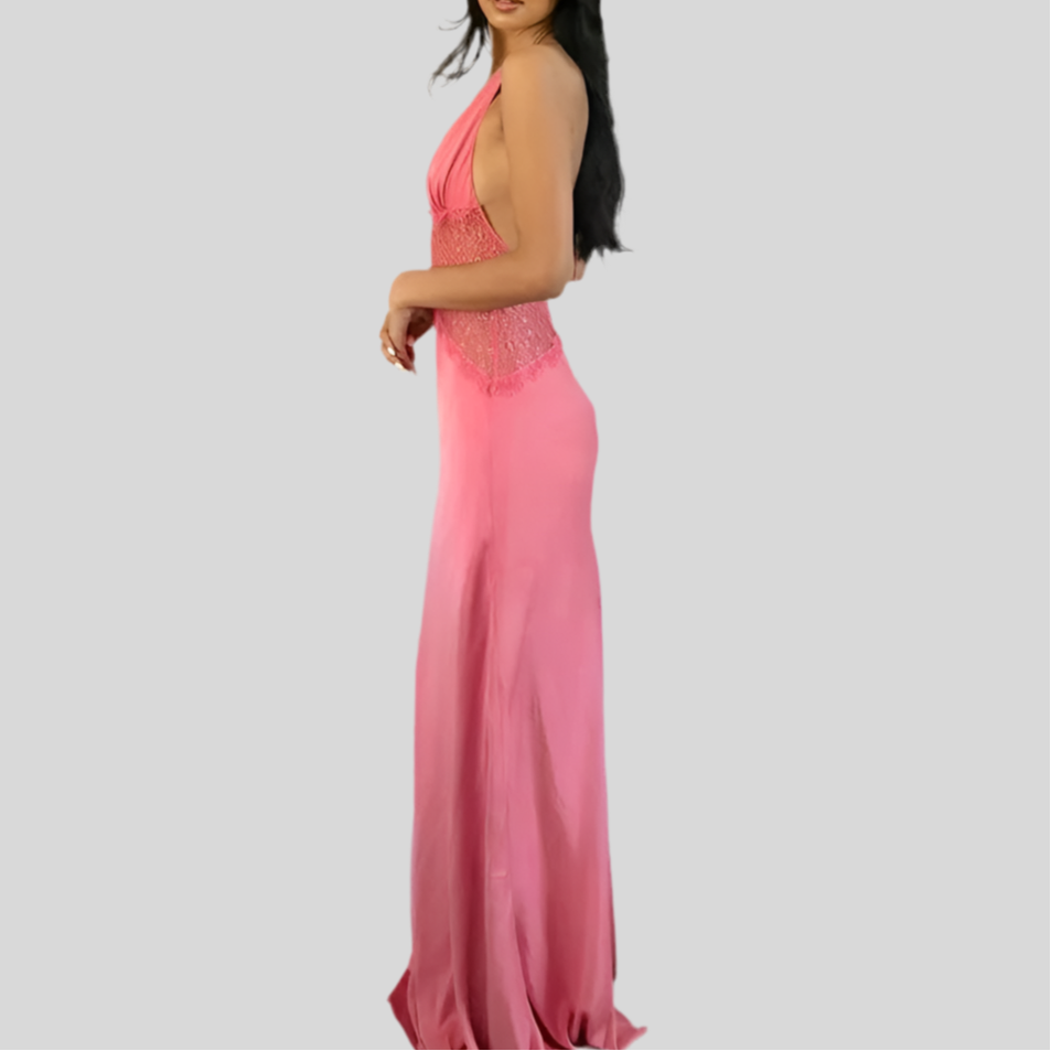 V Lace Long Dress Pink