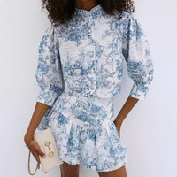 Fashion Small Stand Collar Printing Slim Fit Skirt Suit - Fashivon