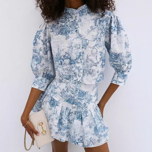 Fashion Small Stand Collar Printing Slim Fit Skirt Suit - Fashivon