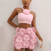 Fashion Suit Top Halter Decorative Flower Skirt - Fashivon