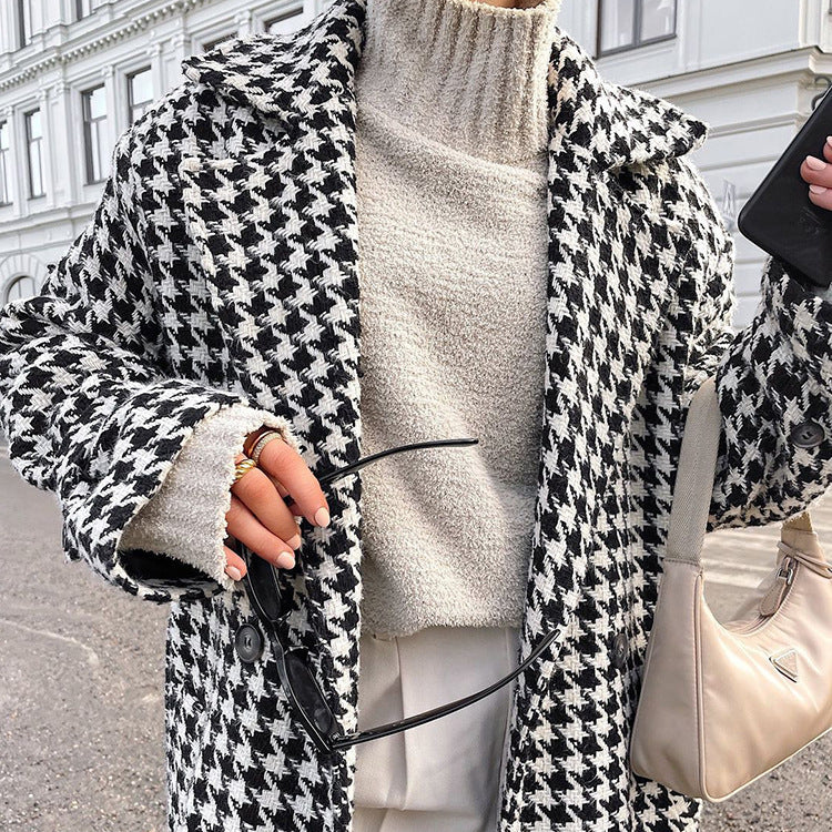 Houndstooth Long Trench Coat High-end And Fashionable Coat For Women