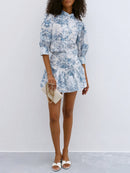 Fashion Small Stand Collar Printing Slim Fit Skirt Suit - Fashivon