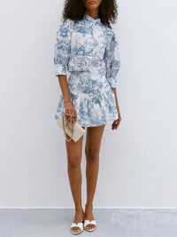 Fashion Small Stand Collar Printing Slim Fit Skirt Suit - Fashivon