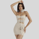 Strapless Flower Mesh Women Dress Apricot Hollow Out - Fashivon