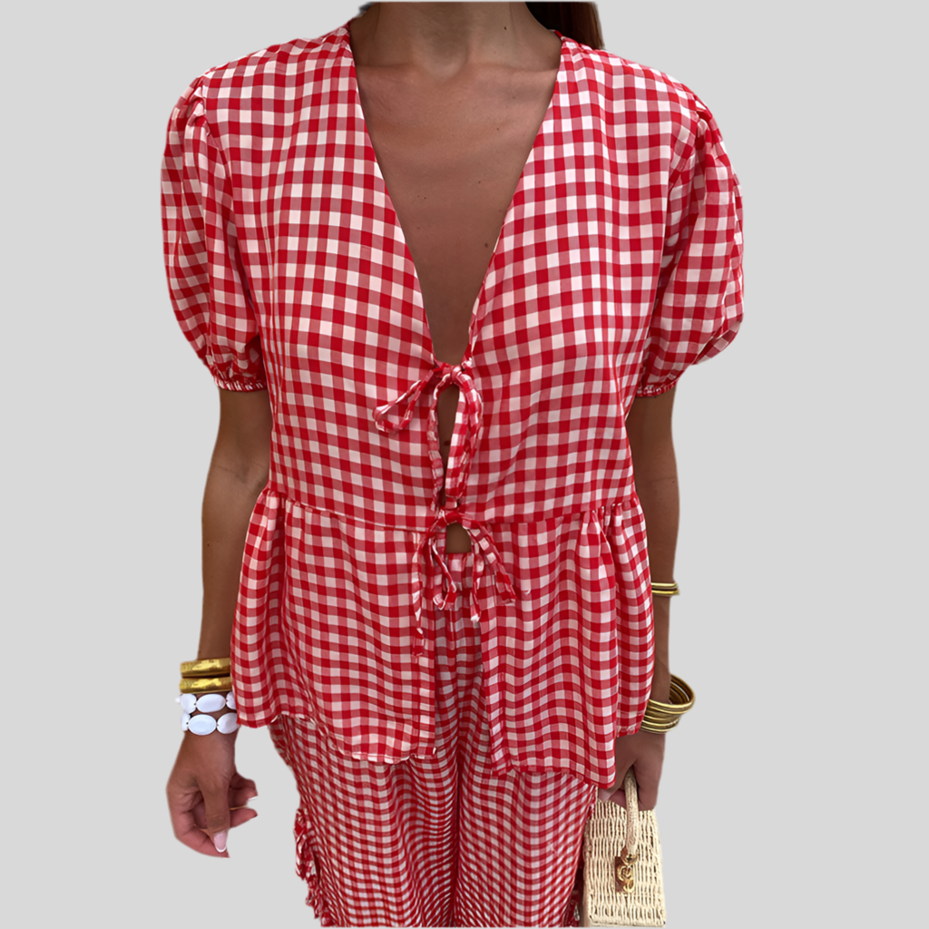 Women's Fashion V-neck Plaid Knotted Suit