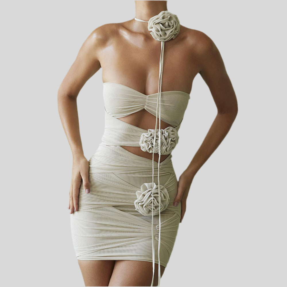 Strapless Flower Mesh Women Dress Apricot Hollow Out