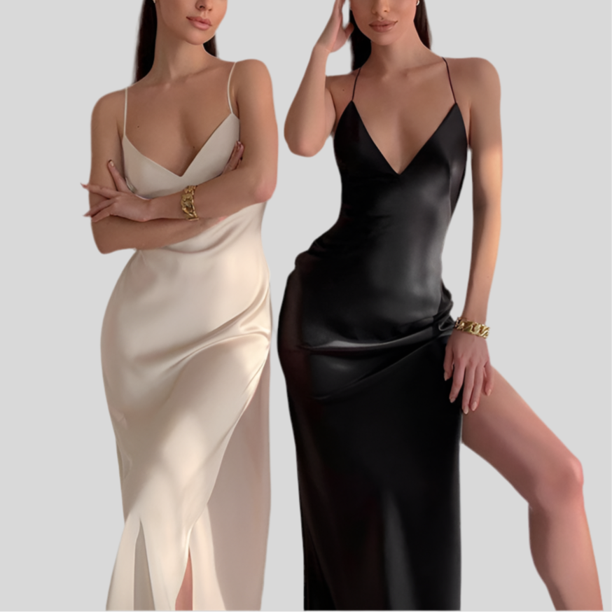 Satin Maxi Backless Split Party Dresses Off Shoulder V Neck