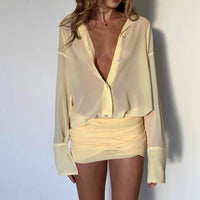 Spring New Elegant Sexy Lapel Slim-fit Sheath Lace-up Shirt Dress - Fashivon