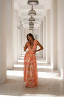 Summer Vacation Print Long Dress V-Neck Backless Floral Dress - Fashivon