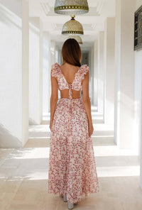 Summer Vacation Print Long Dress V-Neck Backless Floral Dress - Fashivon