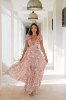 Summer Vacation Print Long Dress V-Neck Backless Floral Dress - Fashivon