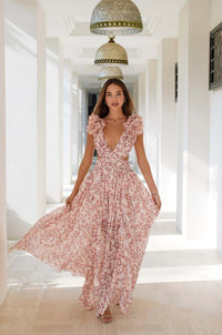 Summer Vacation Print Long Dress V-Neck Backless Floral Dress - Fashivon