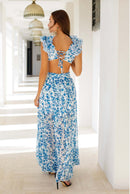 Summer Vacation Print Long Dress V-Neck Backless Floral Dress - Fashivon
