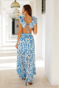 Summer Vacation Print Long Dress V-Neck Backless Floral Dress - Fashivon