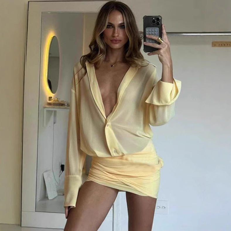 Spring New Elegant Sexy Lapel Slim-fit Sheath Lace-up Shirt Dress - Fashivon