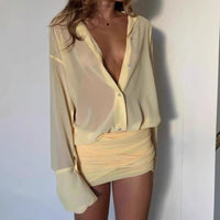 Spring New Elegant Sexy Lapel Slim-fit Sheath Lace-up Shirt Dress - Fashivon