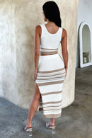 Summer New Sleeveless Vest Sexy Slit Striped Skirt Knitting Suit - Fashivon
