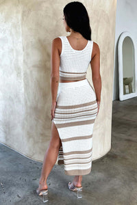 Summer New Sleeveless Vest Sexy Slit Striped Skirt Knitting Suit - Fashivon
