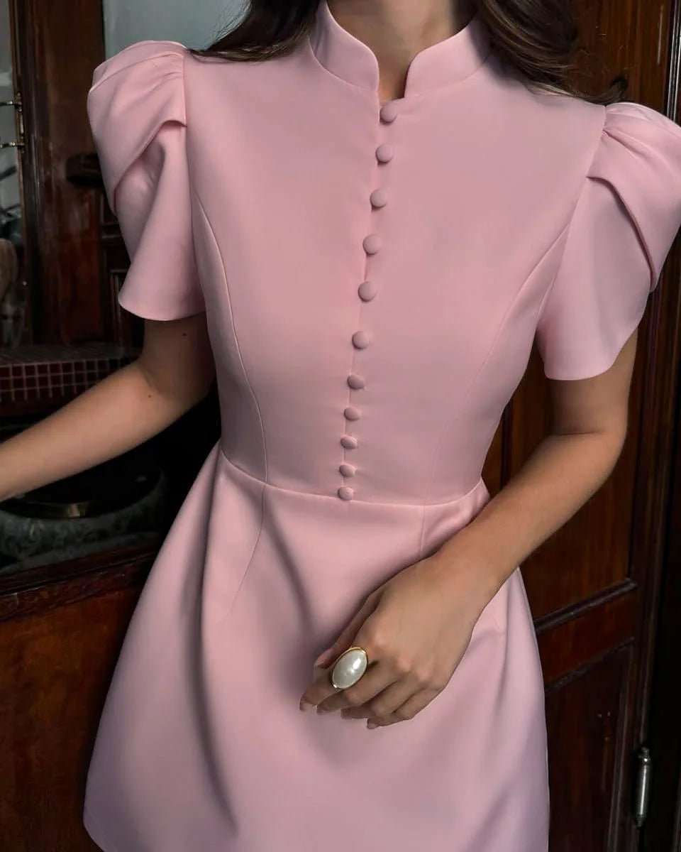 Puff Sleeves Short Dress - Fashivon
