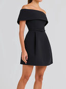 Women Simple Patchwork Off The Shoulder Party Dress, 2024 Spring Summer Short Sleeve Mini Dress, Slash Neck Solid Ladies Dress - Fashivon