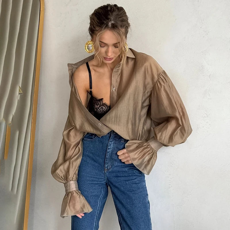 Tornova Commuting Long Sleeve Shirt Female Sexy See Through Flare Sleeve Casual Loose Blouses Lapel Buttons Shirt Summer Fashion - Fashivon