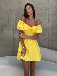 Tornova One-Shoulder Puff Sleeve Dress Female Lace Up Short Sleeve High Waist Mini Dress A-line Chiffon Casual Dress Solid  Slim - Fashivon