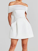 Women Simple Patchwork Off The Shoulder Party Dress, 2024 Spring Summer Short Sleeve Mini Dress, Slash Neck Solid Ladies Dress - Fashivon