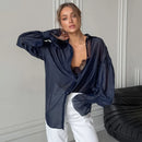 Tornova Commuting Long Sleeve Shirt Female Sexy See Through Flare Sleeve Casual Loose Blouses Lapel Buttons Shirt Summer Fashion - Fashivon