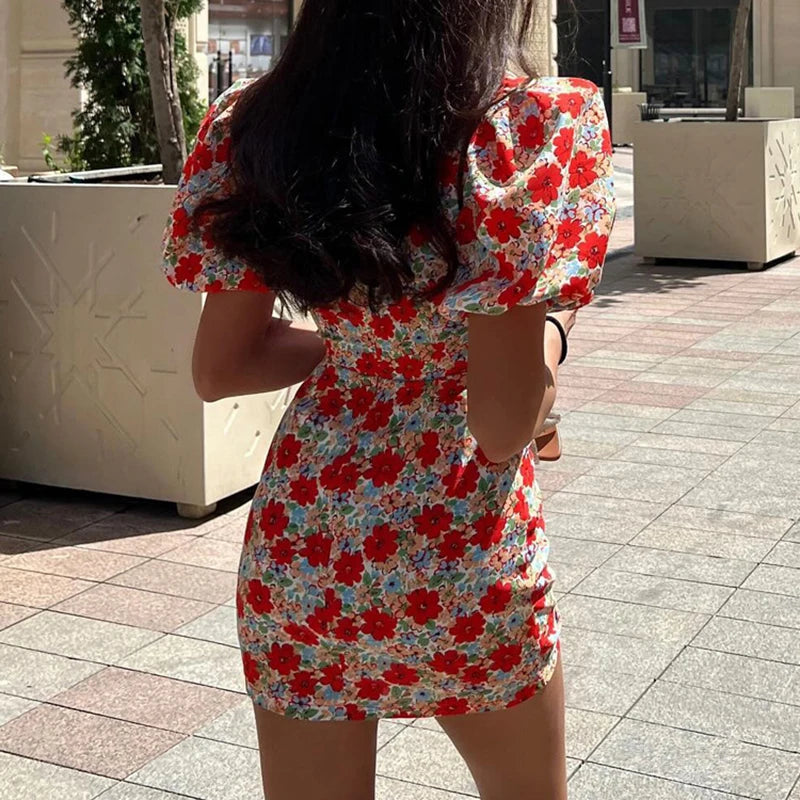 Tornova Print Puff Sleeve Short Dress Female Lapel Summer New Pleated Hight Waist Hot Girl Hip Wrap Dress Women's Fashion Dress