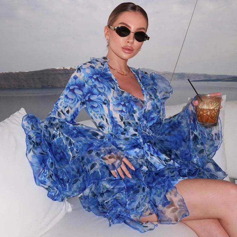 Blue Printed Mini Dress