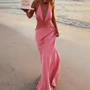 V Lace Long Dress Pink - Fashivon