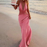 V Lace Long Dress Pink - Fashivon