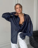 Tornova Commuting Long Sleeve Shirt Female Sexy See Through Flare Sleeve Casual Loose Blouses Lapel Buttons Shirt Summer Fashion - Fashivon