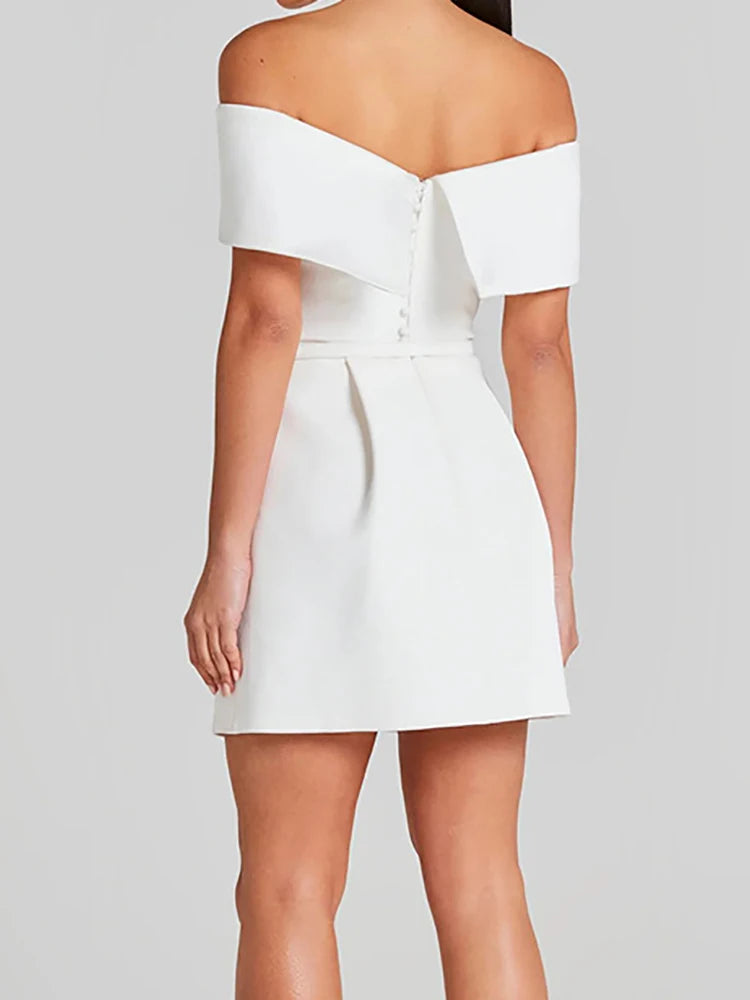 Women Simple Patchwork Off The Shoulder Party Dress, 2024 Spring Summer Short Sleeve Mini Dress, Slash Neck Solid Ladies Dress - Fashivon