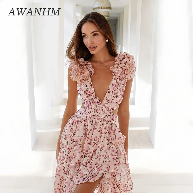 Summer Vacation Print Long Dress V-Neck Backless Floral Dress
