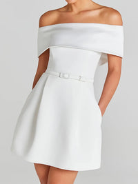 Women Simple Patchwork Off The Shoulder Party Dress, 2024 Spring Summer Short Sleeve Mini Dress, Slash Neck Solid Ladies Dress - Fashivon