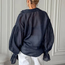 Tornova Commuting Long Sleeve Shirt Female Sexy See Through Flare Sleeve Casual Loose Blouses Lapel Buttons Shirt Summer Fashion - Fashivon