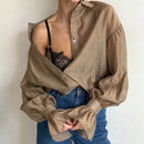 Tornova Commuting Long Sleeve Shirt Female Sexy See Through Flare Sleeve Casual Loose Blouses Lapel Buttons Shirt Summer Fashion - Fashivon