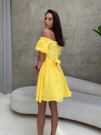 Tornova One-Shoulder Puff Sleeve Dress Female Lace Up Short Sleeve High Waist Mini Dress A-line Chiffon Casual Dress Solid  Slim - Fashivon